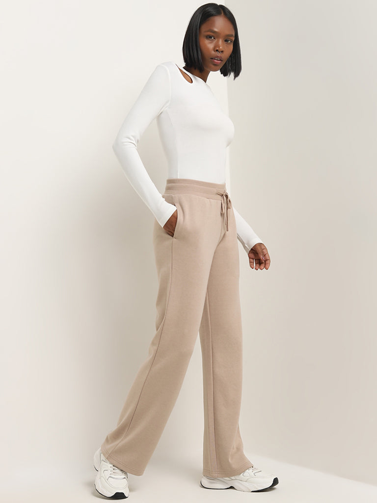 Studiofit Beige Solid Mid-Rise Track Pants