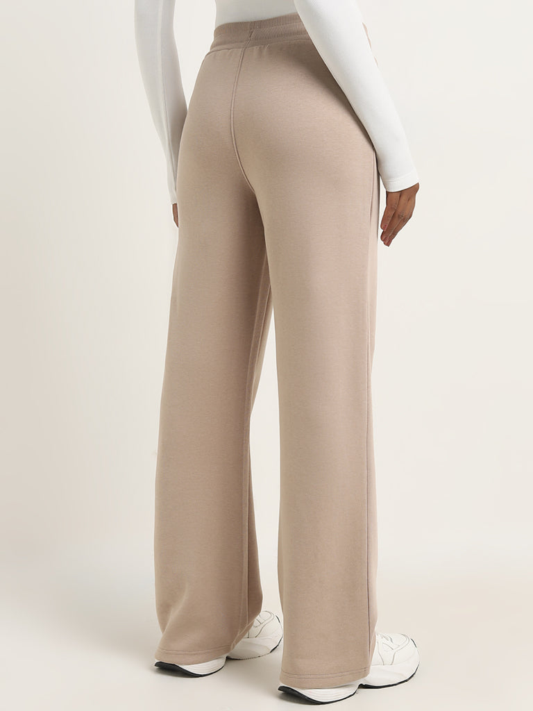 Studiofit Beige Solid Mid-Rise Track Pants