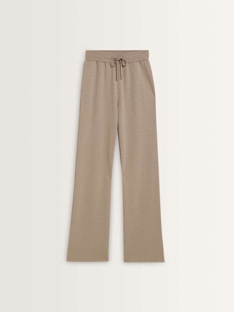 Studiofit Beige Solid Mid-Rise Track Pants