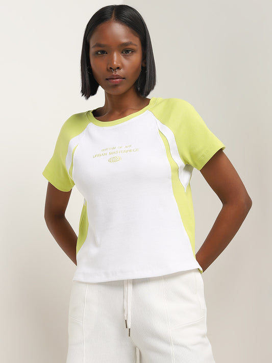 Studiofit White Text Design Ribbed Cotton Blend T-Shirt