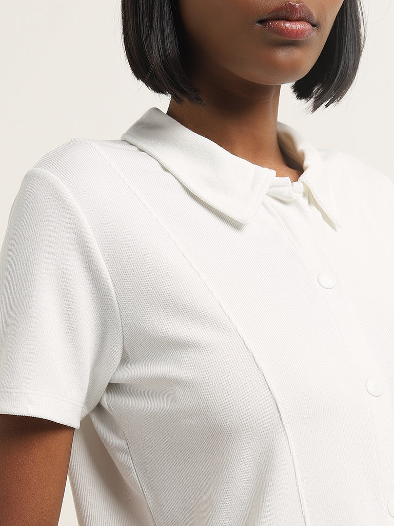 Studiofit White Knit-Textured Collared T-Shirt