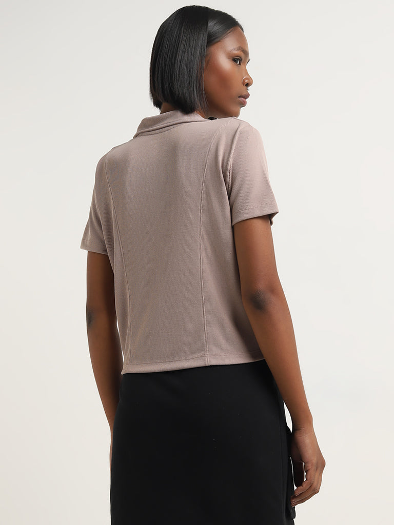 Studiofit Light Brown Knit-Textured Collared T-Shirt