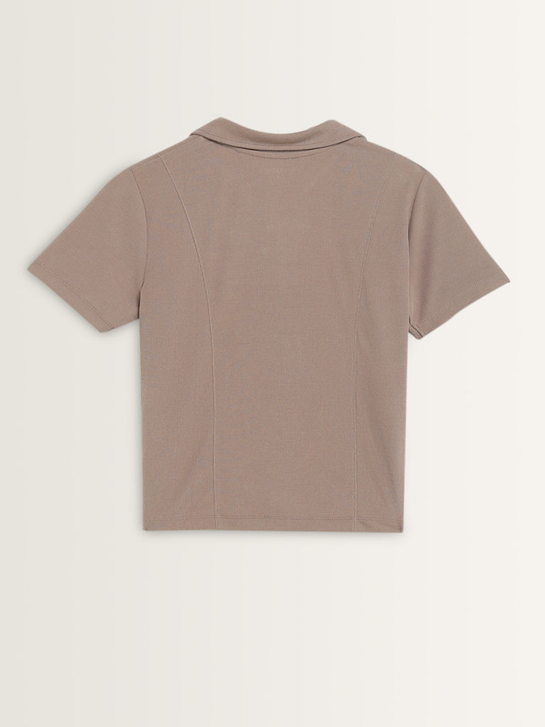 Studiofit Light Brown Knit-Textured Collared T-Shirt