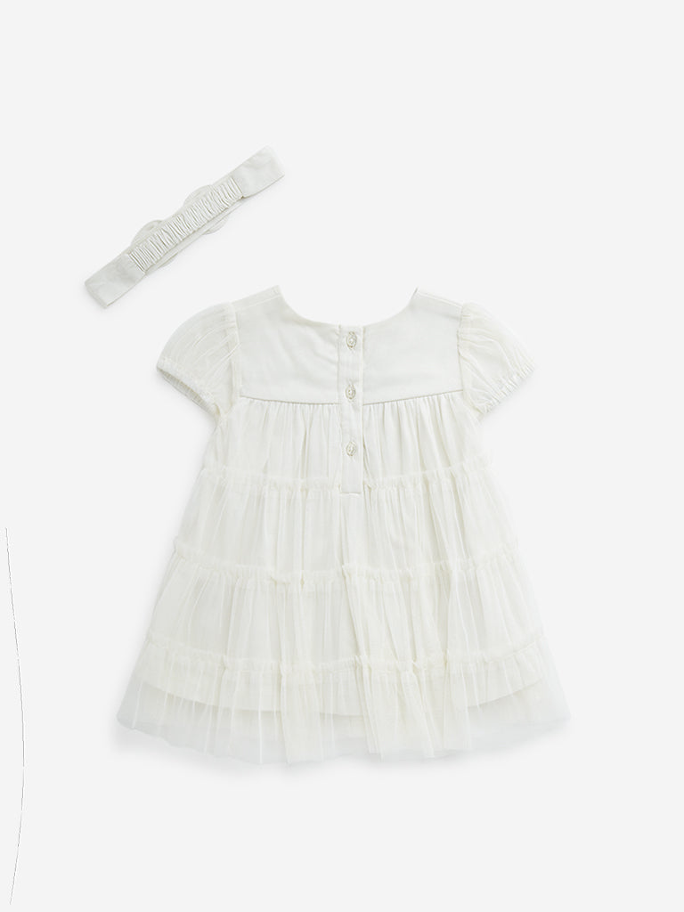 HOP Baby White Tiered Empire-Line Dress with Hairband