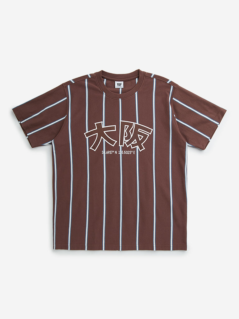 Y&F Kids Brown Stripe Printed T-Shirt