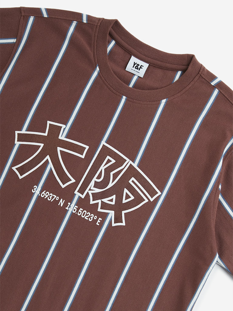 Y&F Kids Brown Stripe Printed T-Shirt