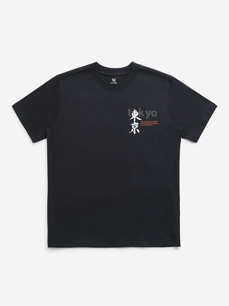 Y&F Kids Black Japanese Text Design Cotton T-Shirt