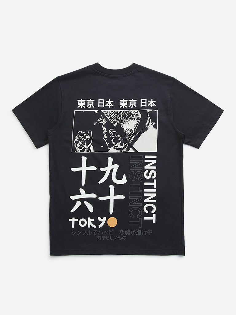 Y&F Kids Black Japanese Text Design Cotton T-Shirt