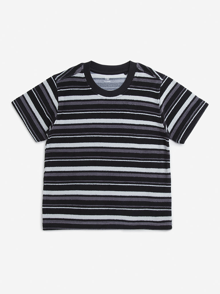 Y&F Kids Black Stripe Printed Cotton T-Shirt