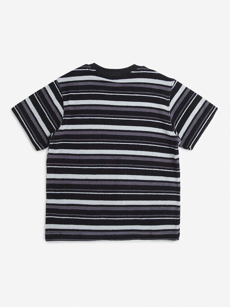 Y&F Kids Black Stripe Printed Cotton T-Shirt