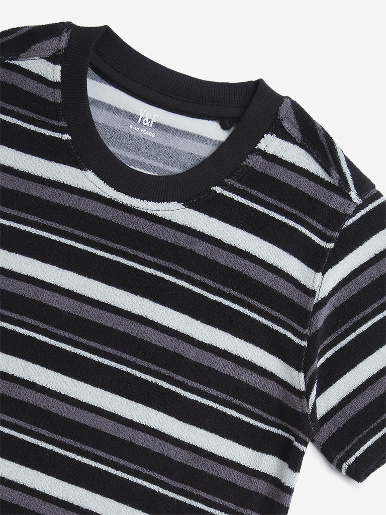 Y&F Kids Black Stripe Printed Cotton T-Shirt