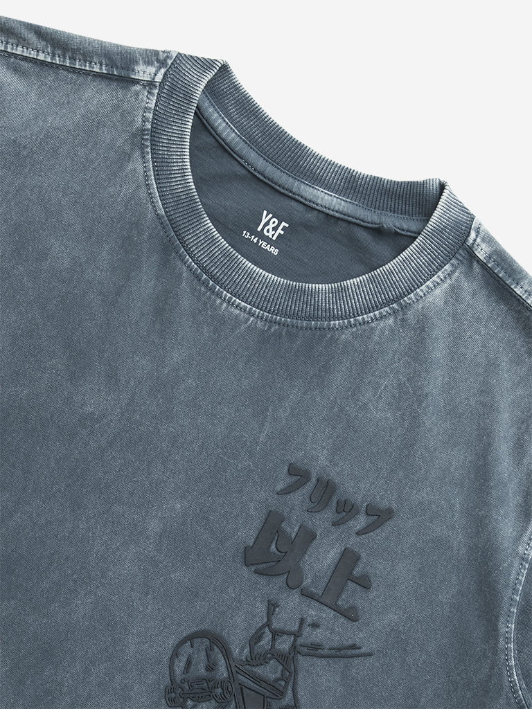 Y&F Kids Dark Grey Text Design Cotton T-Shirt