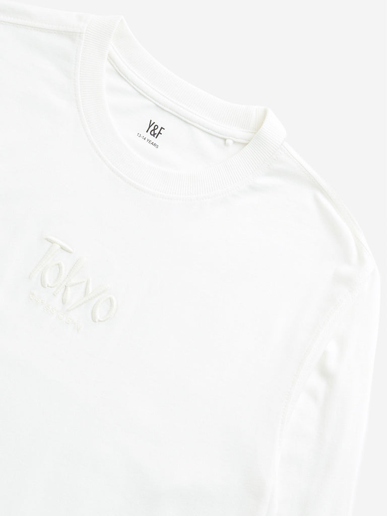 Y&F Kids White Text Embroidered Cotton T-Shirt