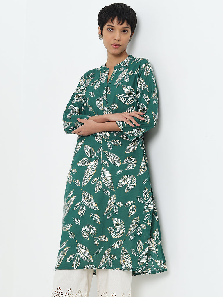 Utsa Green Leaf Design A-Line Cotton Kurta