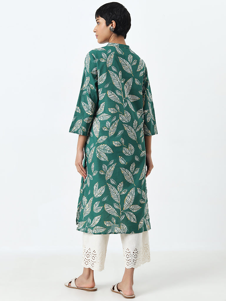 Utsa Green Leaf Design A-Line Cotton Kurta