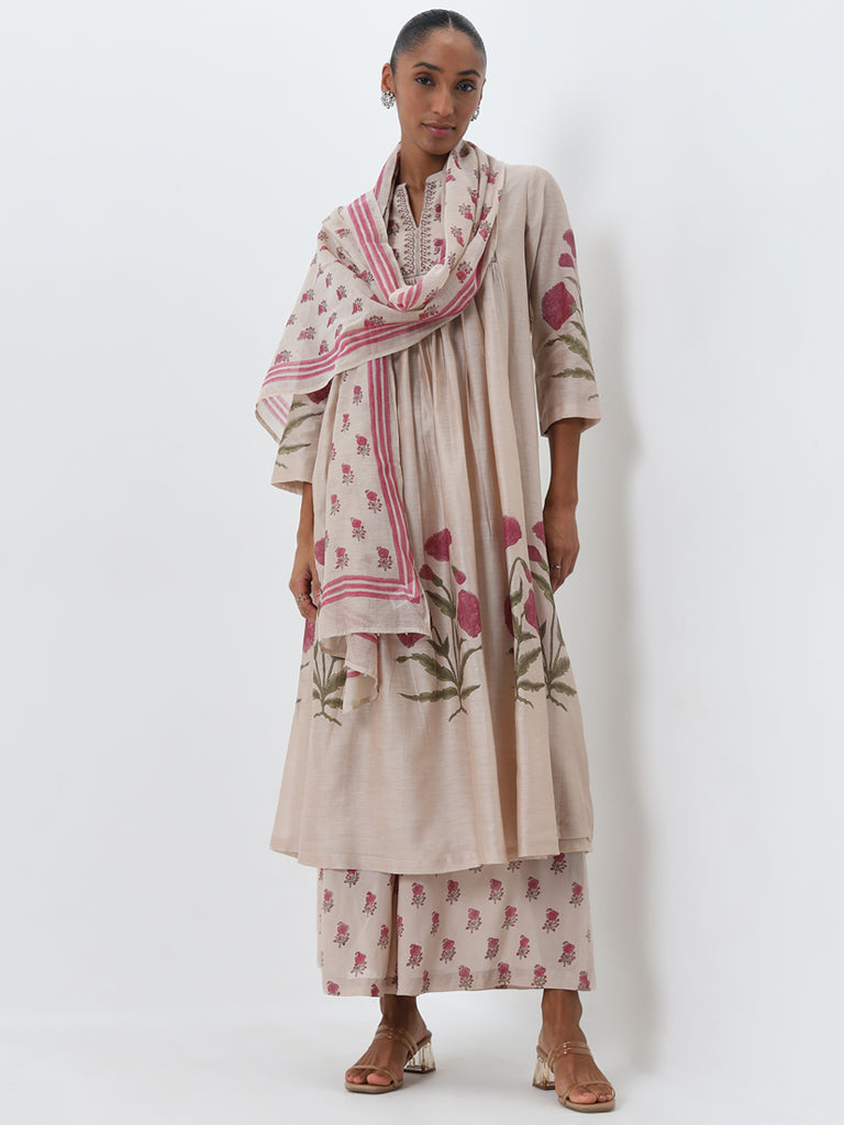 Zuba Beige Floral Printed Silk-Blend Stole