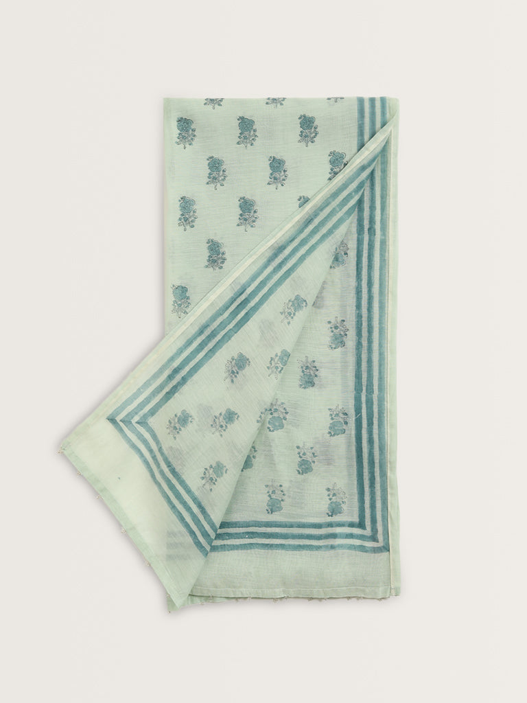 Zuba Sea Green Floral Printed Silk-Blend Stole