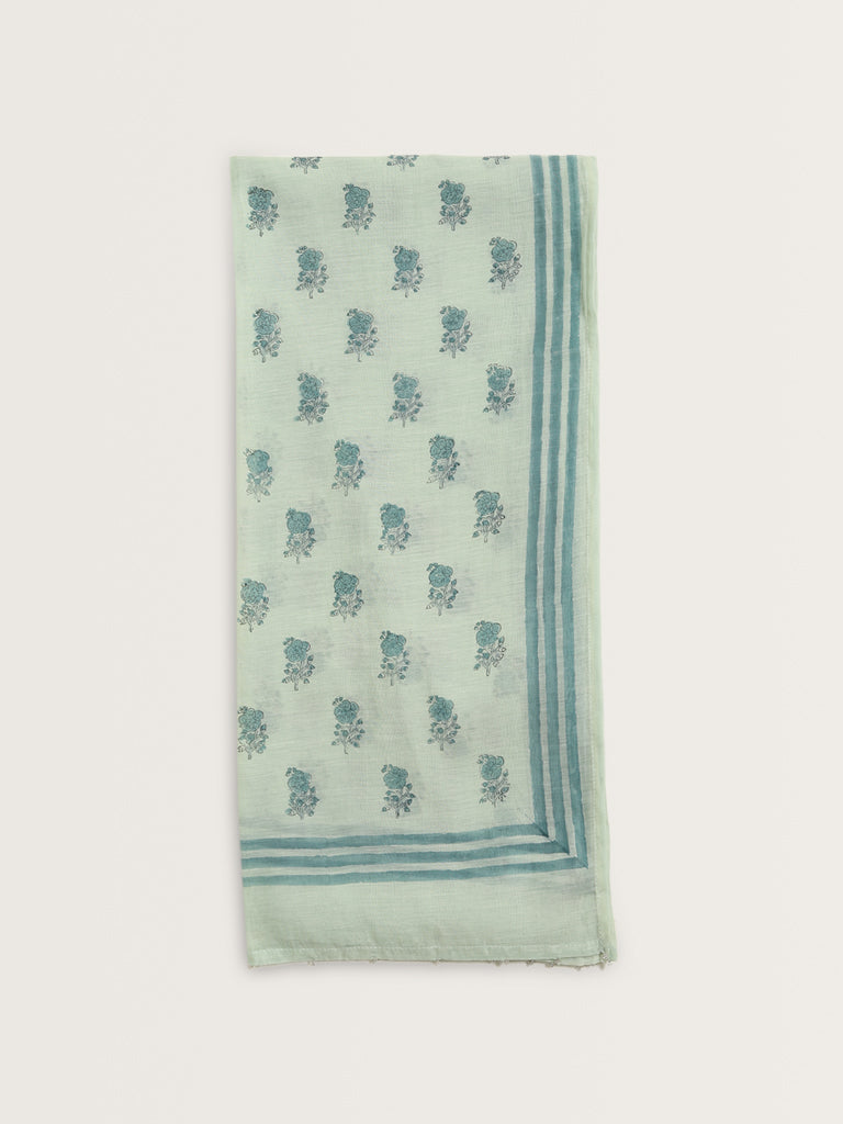 Zuba Sea Green Floral Printed Silk-Blend Stole