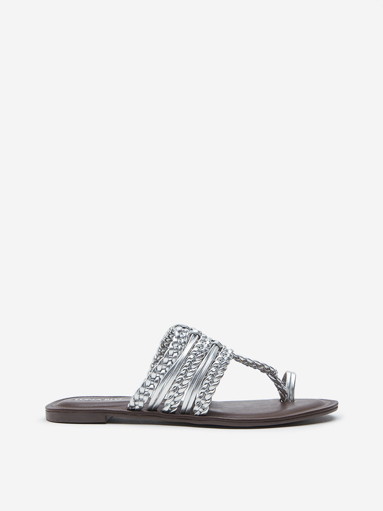 LUNA BLU Silver Braided Kolhapuri Sandals