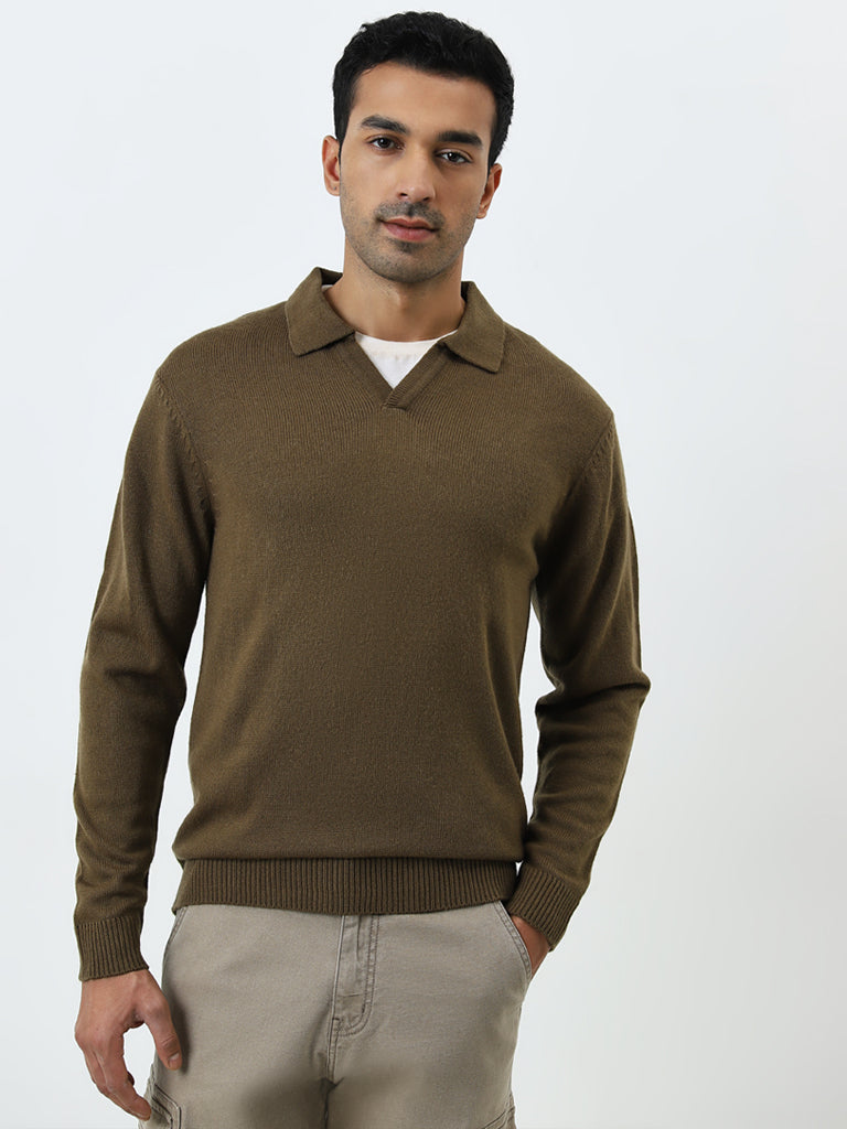 WES Casuals Tan Knitted Relaxed-Fit Sweater