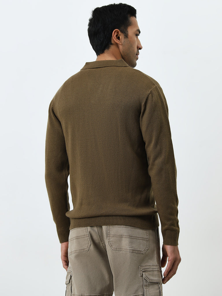 WES Casuals Tan Knitted Relaxed-Fit Sweater