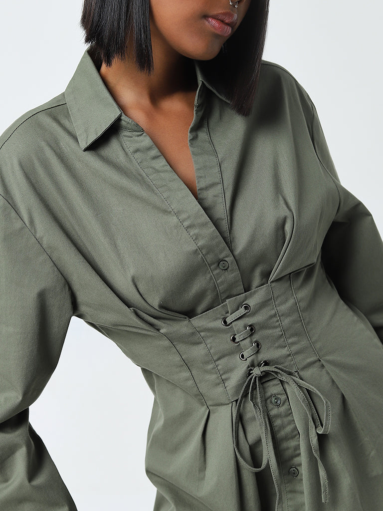 Nuon Olive Corset-Style Cotton Blend Shirt Dress