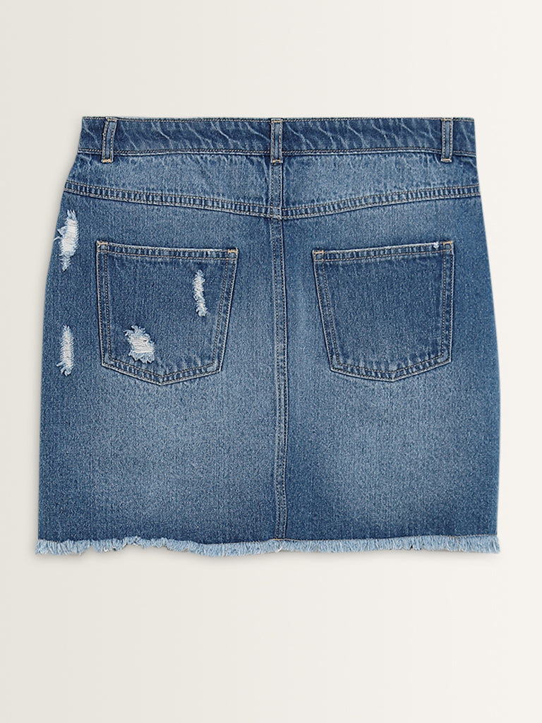 Nuon Blue Distressed High-Rise Denim Skirt