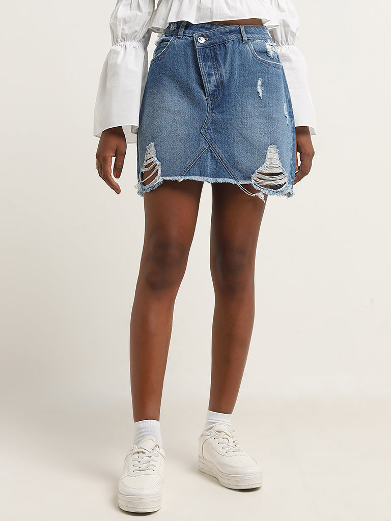 Nuon Blue Distressed High-Rise Denim Skirt