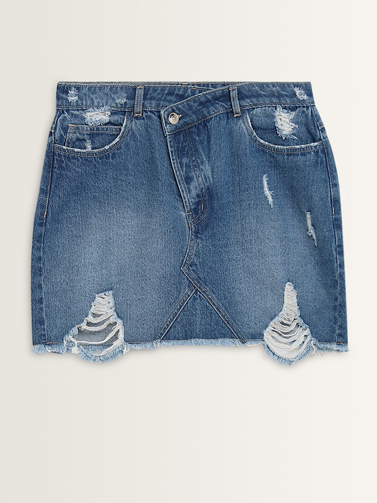 Nuon Blue Distressed High-Rise Denim Skirt