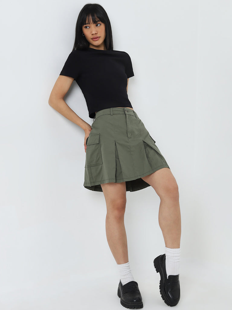 Nuon Olive Cargo-Style High-Rise Denim Skirt