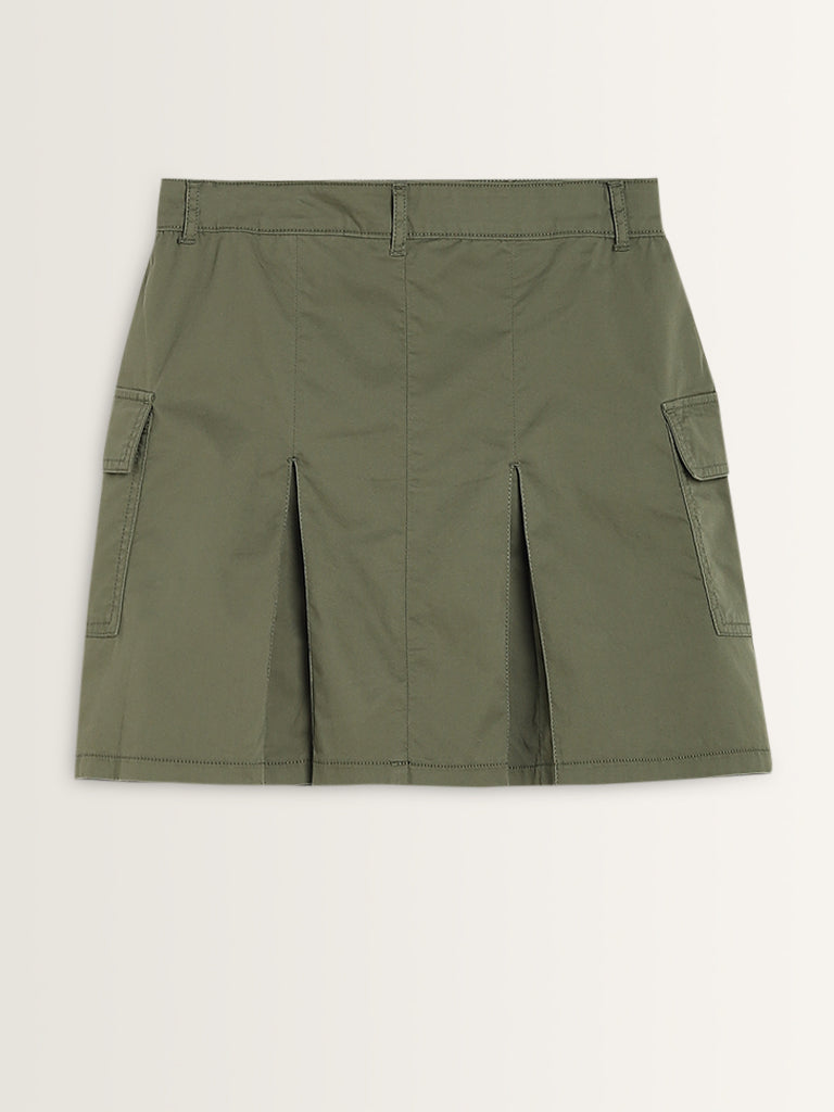 Nuon Olive Cargo-Style High-Rise Denim Skirt