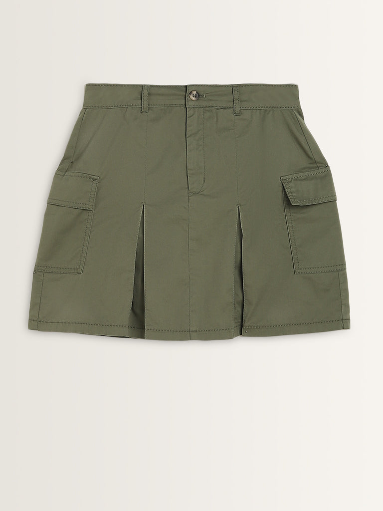 Nuon Olive Cargo-Style High-Rise Denim Skirt