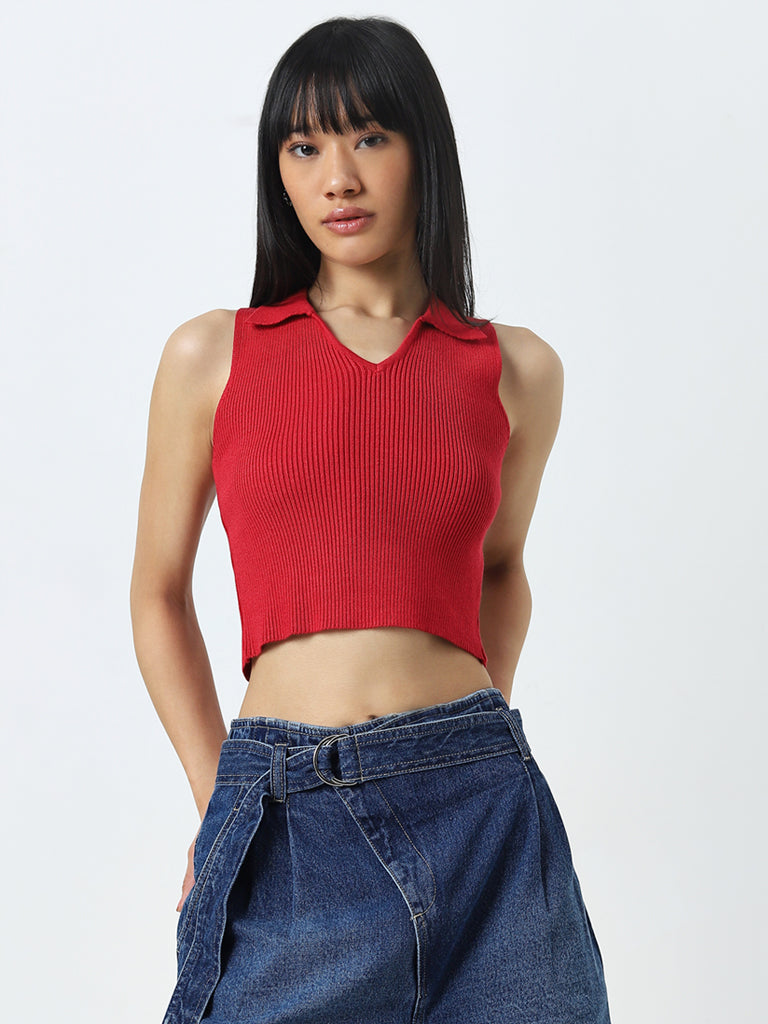 Nuon Red Ribbed Textured Top