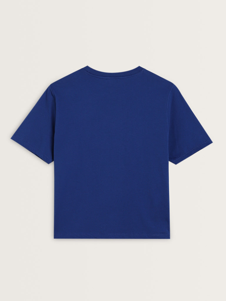 Nuon Dark Blue Text Printed Cotton T-Shirt