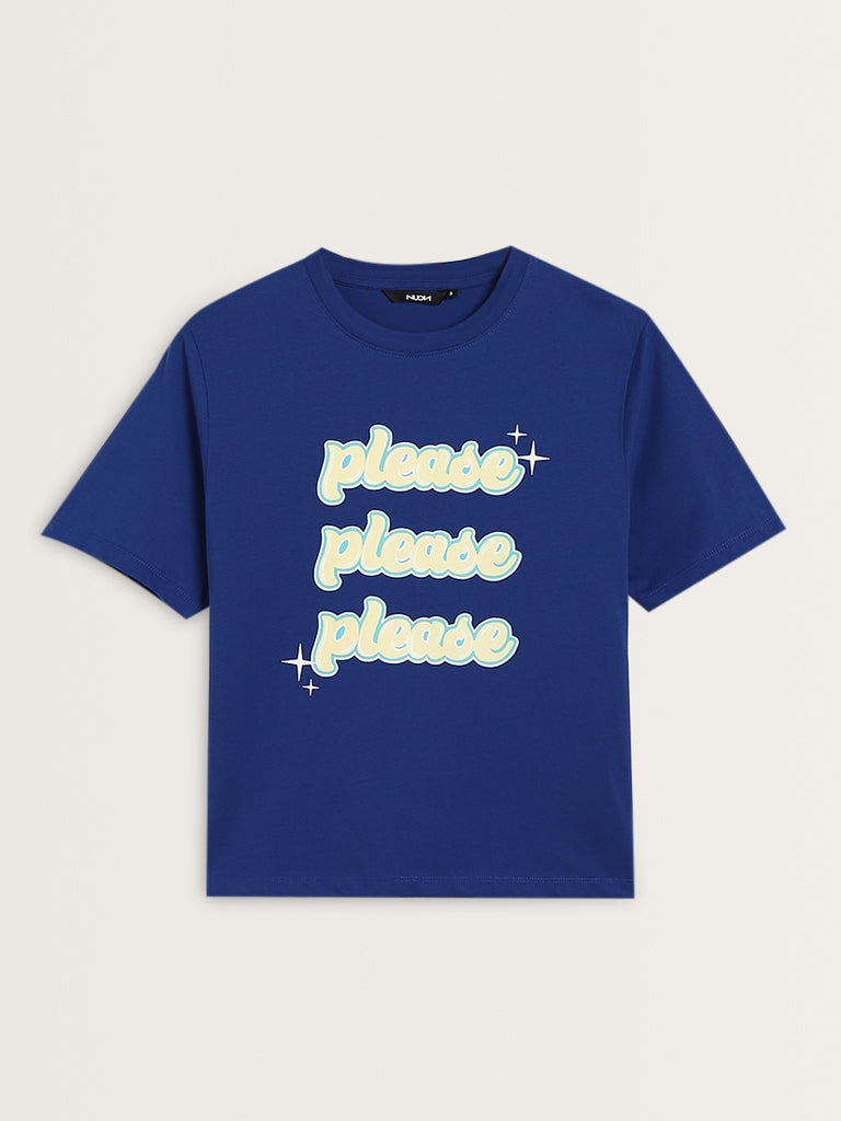 Nuon Dark Blue Text Printed Cotton T-Shirt