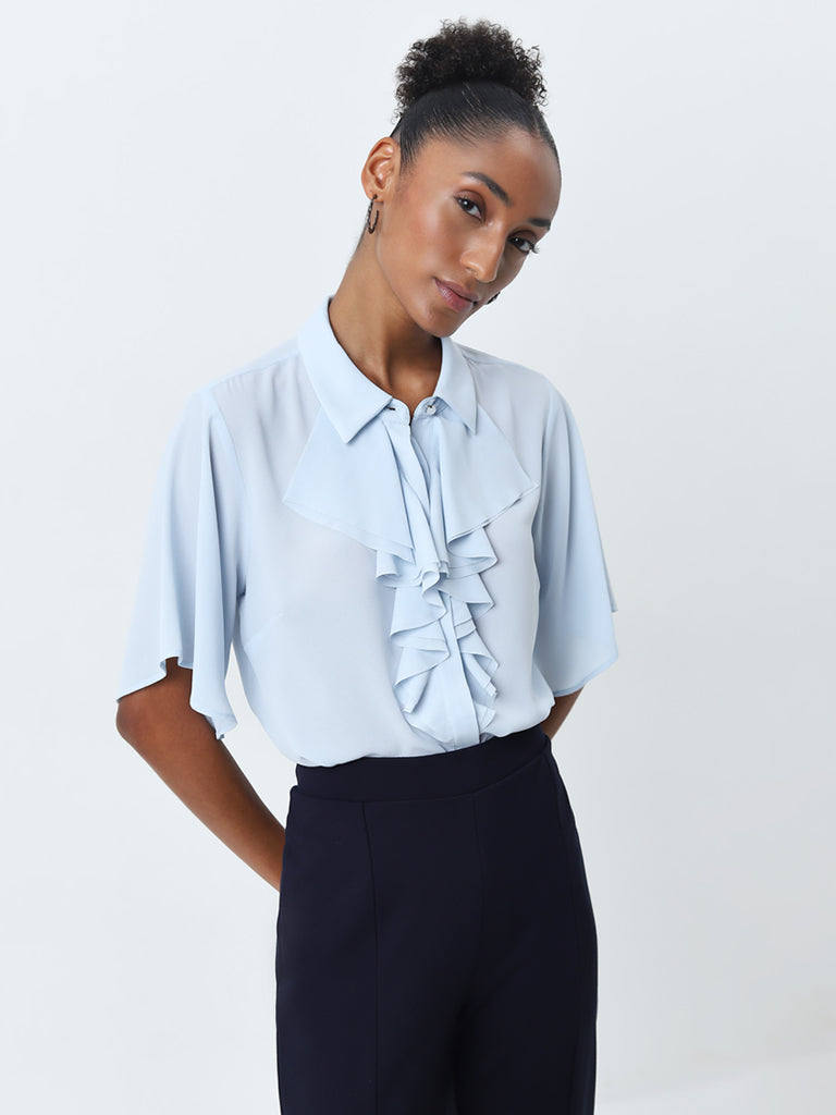 Wardrobe Light Blue Ruffle-Detailed Top