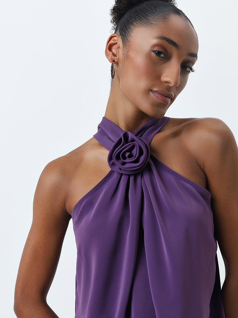 Wardrobe Purple Rosette Detailed Halter-Neck Top