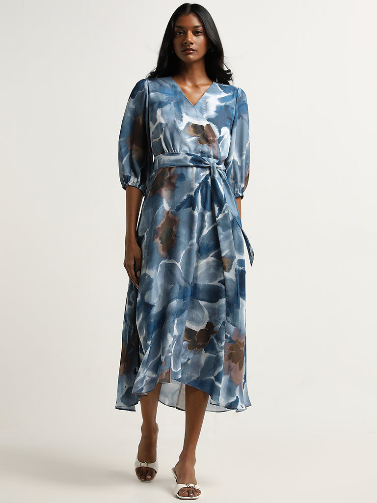 Wardrobe Dusty Blue Foliage Printed A-Line Dress with Belt