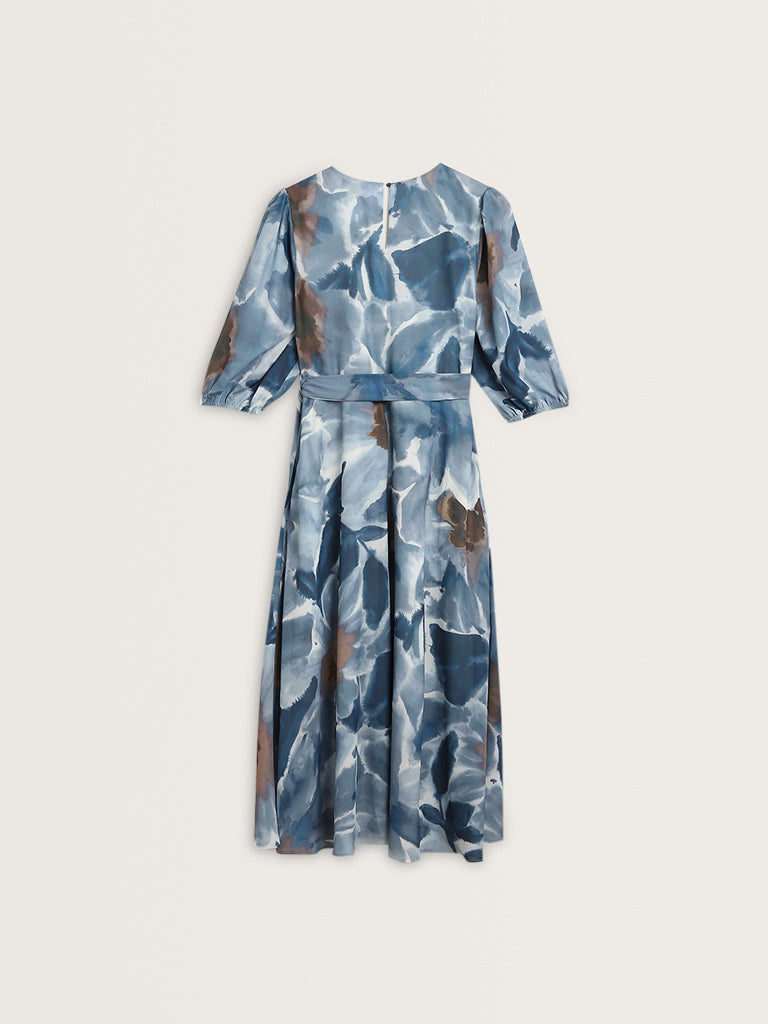 Wardrobe Dusty Blue Foliage Printed A-Line Dress with Belt