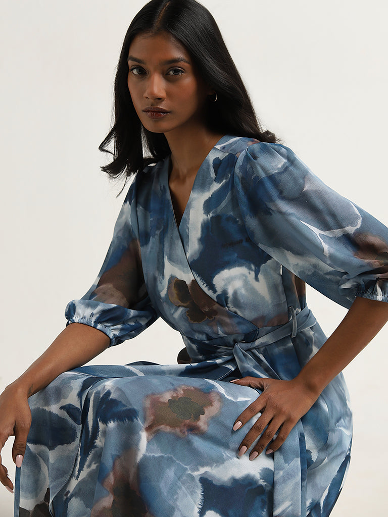 Wardrobe Dusty Blue Foliage Printed A-Line Dress with Belt