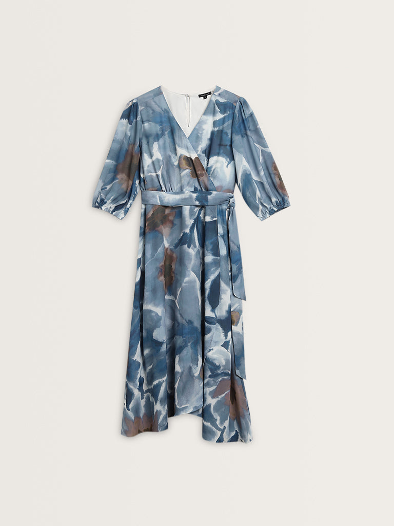 Wardrobe Dusty Blue Foliage Printed A-Line Dress with Belt