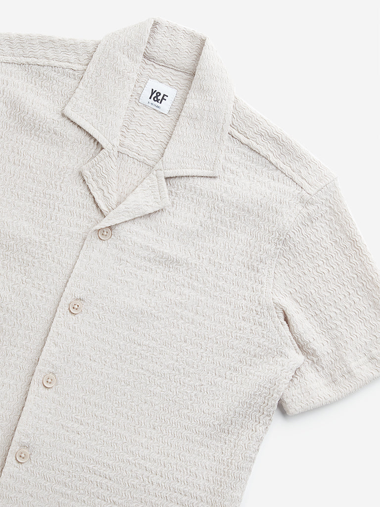 Y&F Kids Beige Textured Resort-Fit Shirt