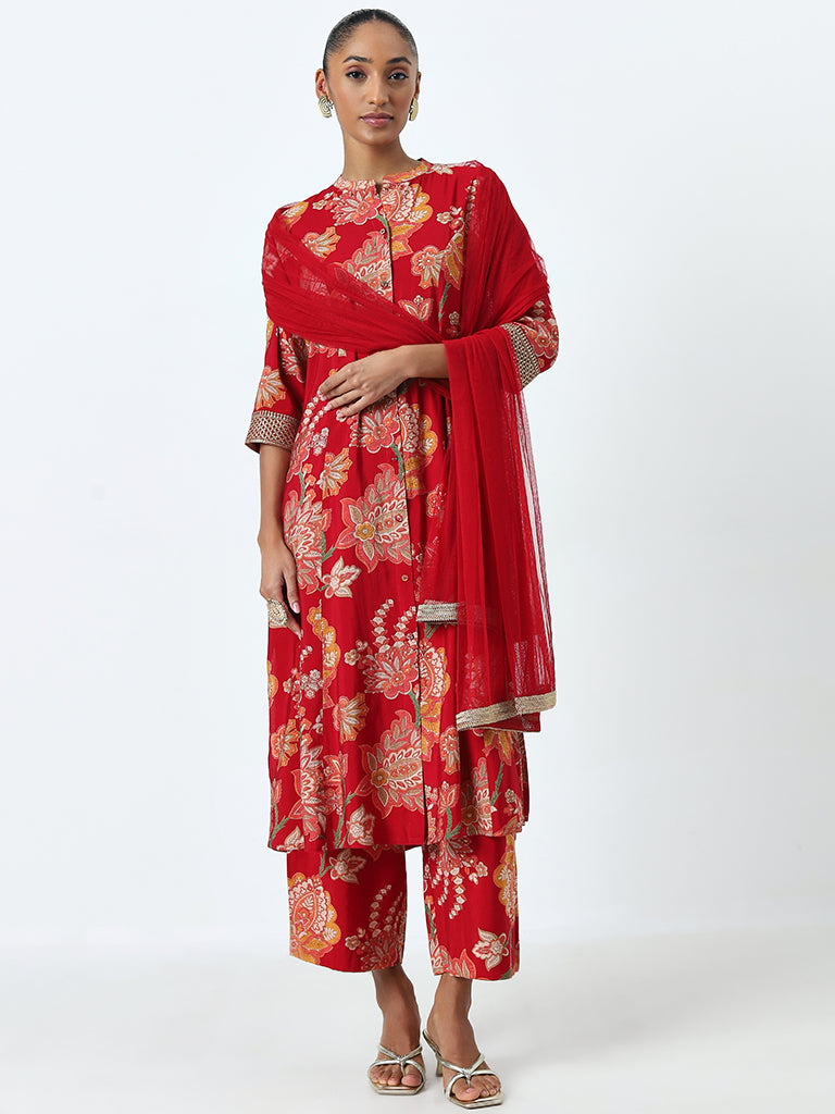 Vark Red Floral A-Line Kurta, Palazzos and Dupatta Set