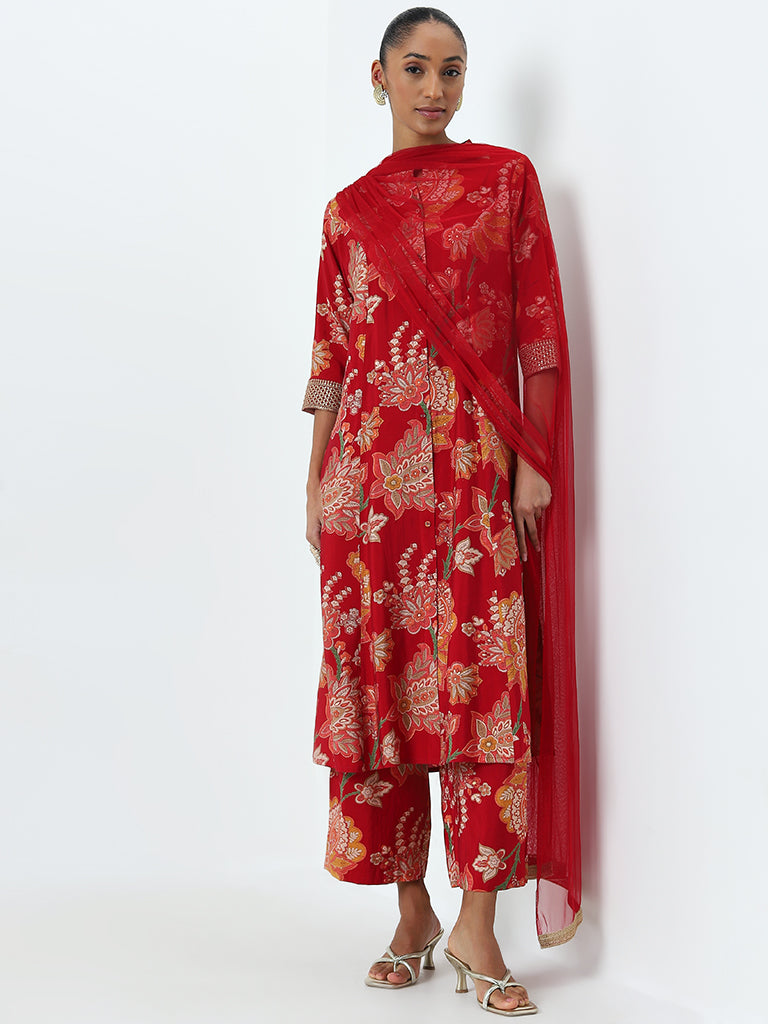 Vark Red Floral A-Line Kurta, Palazzos and Dupatta Set