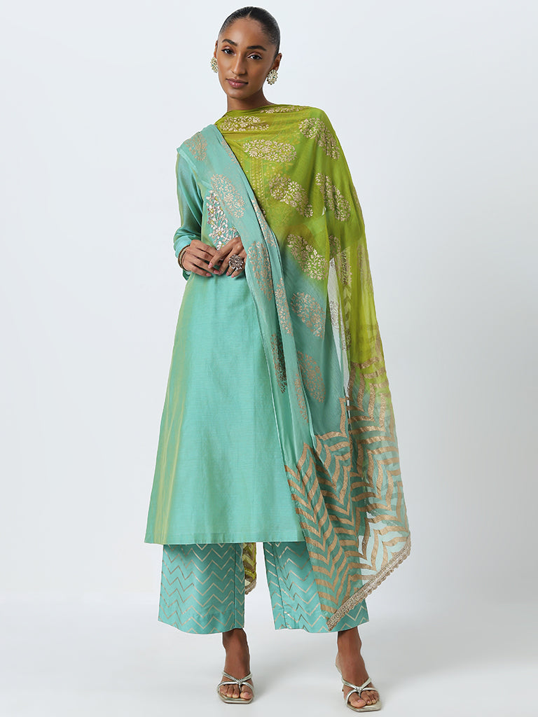 Vark Turquoise Embellished Kurta, Pants And Dupatta Set