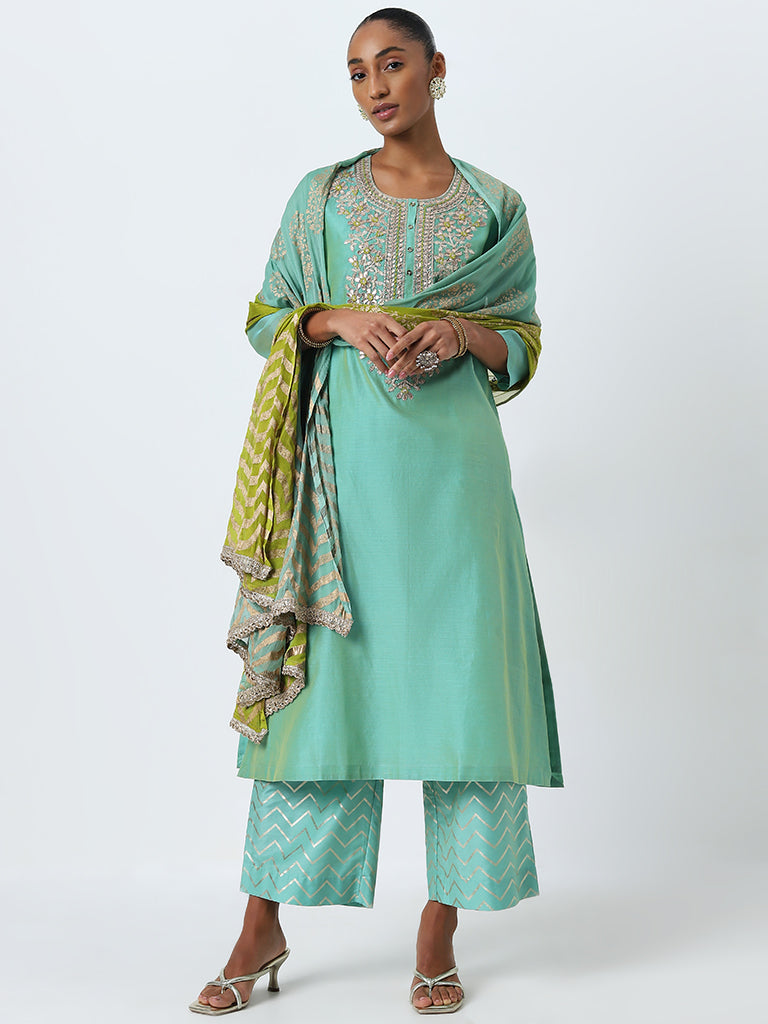 Vark Turquoise Embellished Kurta, Pants And Dupatta Set