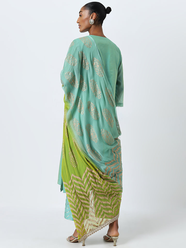 Vark Turquoise Embellished Kurta, Pants And Dupatta Set