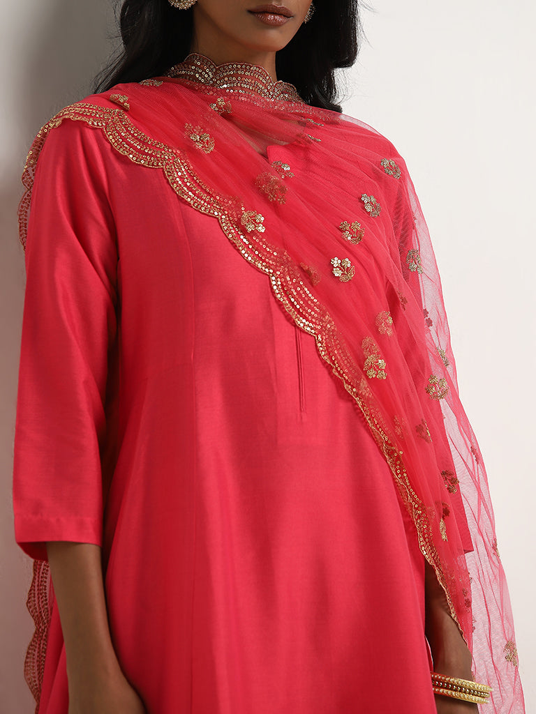 Vark Magenta Embellished Kurta, Palazzos and Dupatta Set