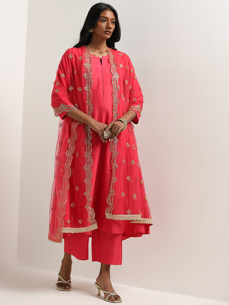 Vark Magenta Embellished Kurta, Palazzos and Dupatta Set