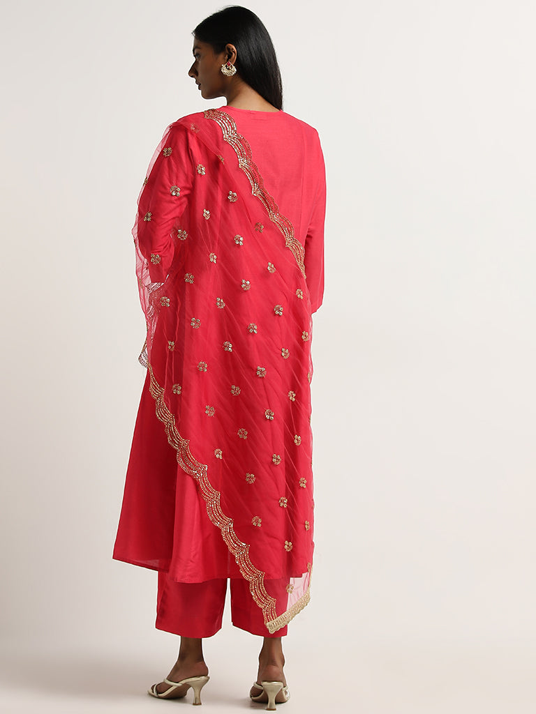 Vark Magenta Embellished Kurta, Palazzos and Dupatta Set